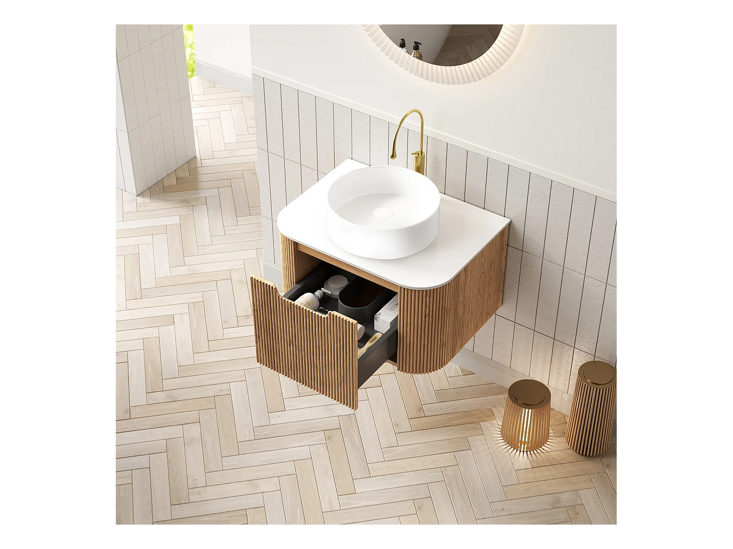 Lavabo mural suspendu avec vasque en céramique, plan de travail en pierre sinterisée et meuble en contreplaqué, blanc et bois naturel (61x48x49.1cm)