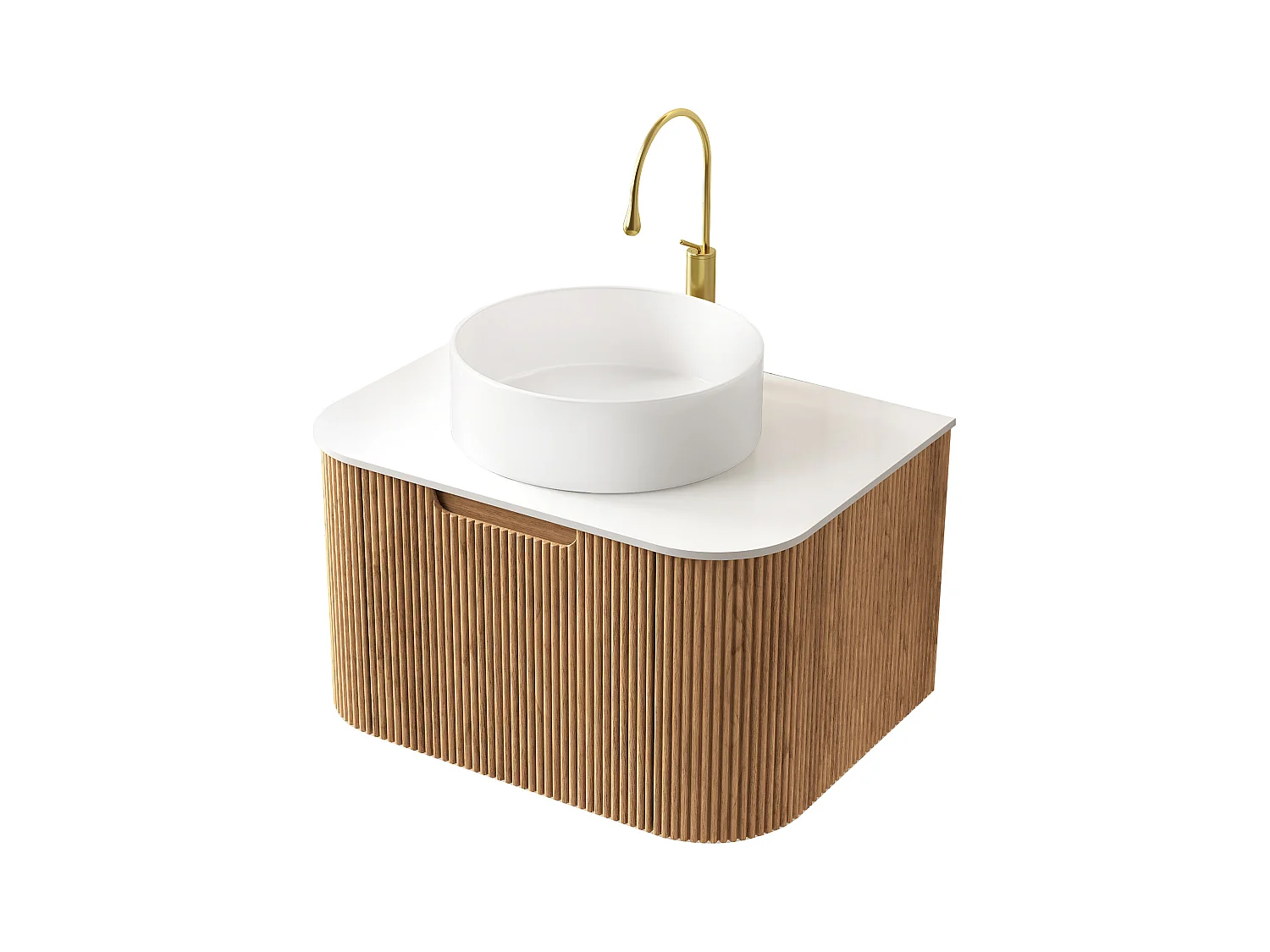 Lavabo mural suspendu avec vasque en céramique, plan de travail en pierre sinterisée et meuble en contreplaqué, blanc et bois naturel (61x48x49.1cm)