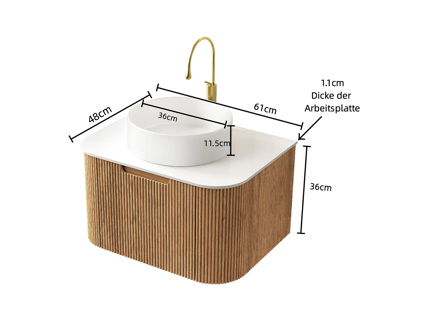 Lavabo mural suspendu avec vasque en céramique, plan de travail en pierre sinterisée et meuble en contreplaqué, blanc et bois naturel (61x48x49.1cm)