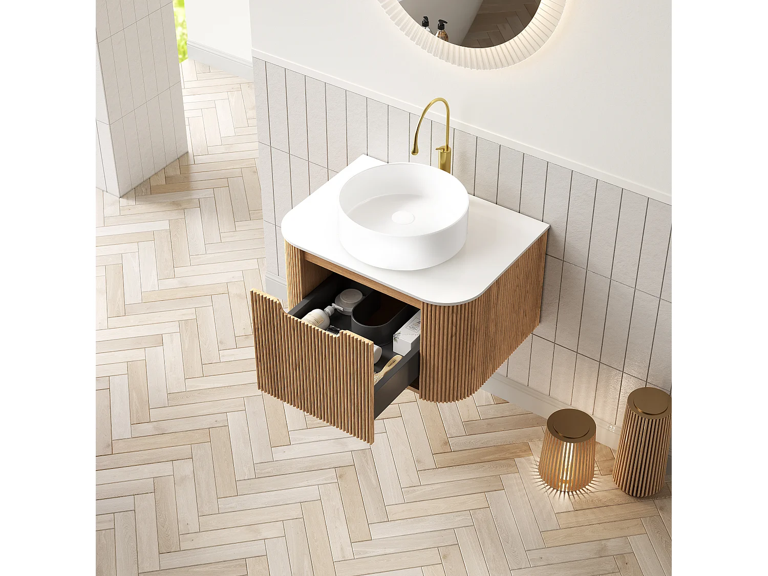 Lavabo mural suspendu avec vasque en céramique, plan de travail en pierre sinterisée et meuble en contreplaqué, blanc et bois naturel (61x48x49.1cm)