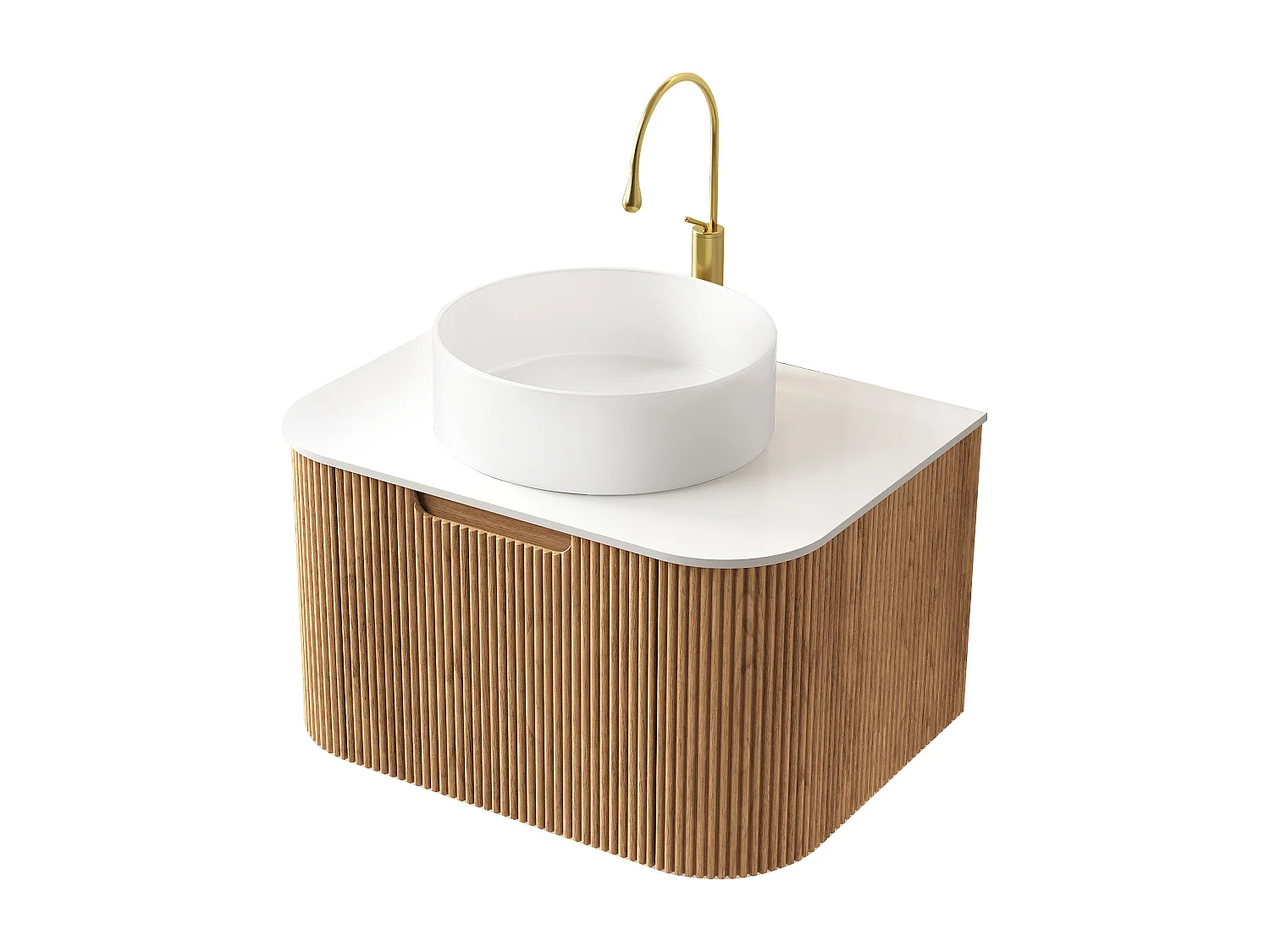 Lavabo mural suspendu avec vasque en céramique, plan de travail en pierre sinterisée et meuble en contreplaqué, blanc et bois naturel (61x48x49.1cm)