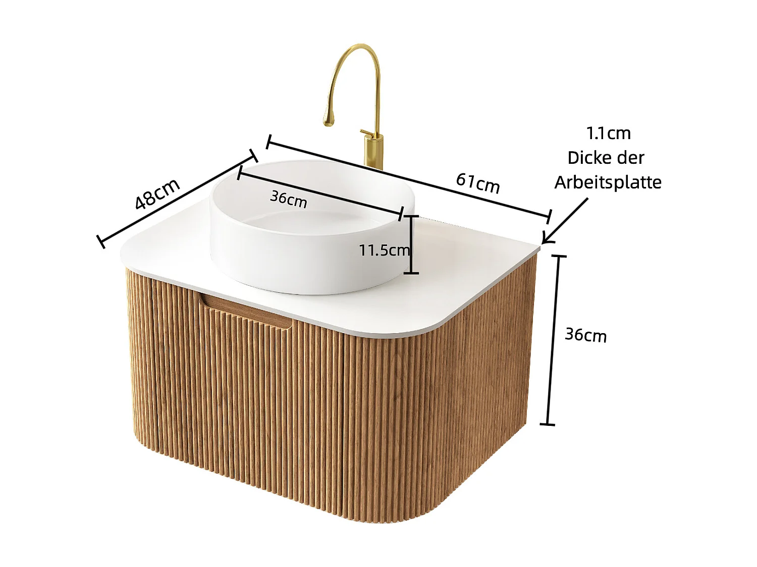 Lavabo mural suspendu avec vasque en céramique, plan de travail en pierre sinterisée et meuble en contreplaqué, blanc et bois naturel (61x48x49.1cm)