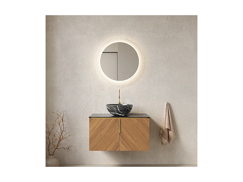 Meuble-lavabo mural salle de bain avec vasque noire en céramique, plan de travail en pierre sinterisée noire (76x50x55.1cm)