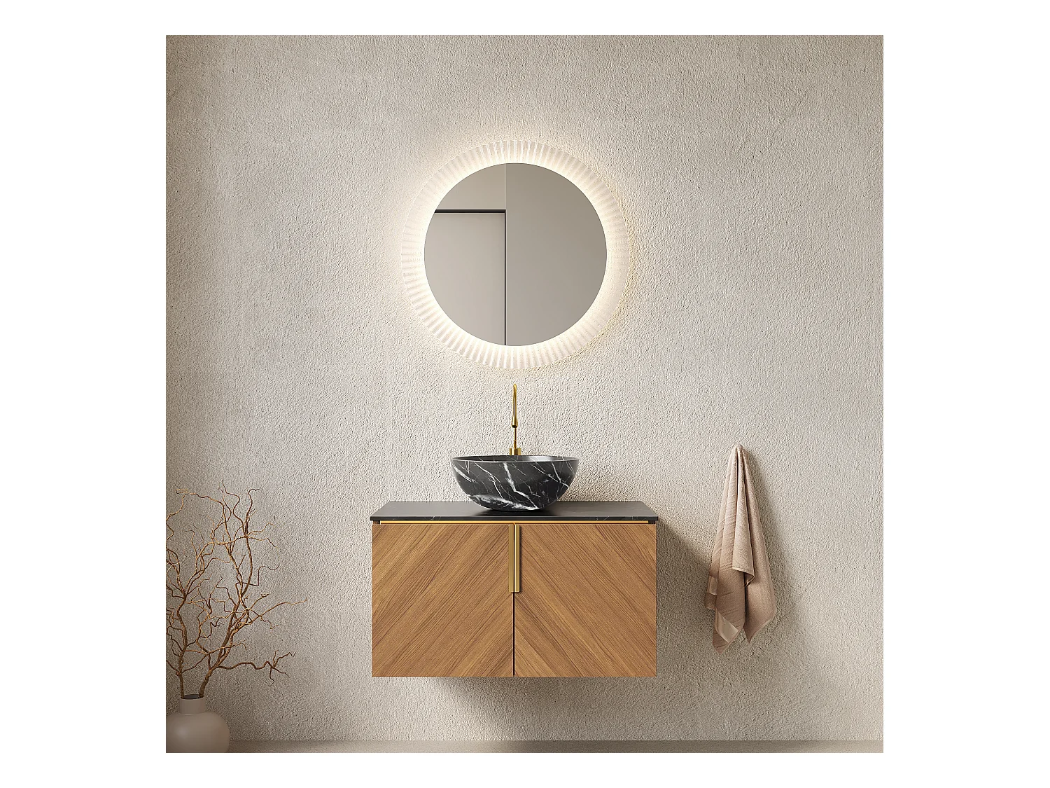 Meuble-lavabo mural salle de bain avec vasque noire en céramique, plan de travail en pierre sinterisée noire (76x50x55.1cm)