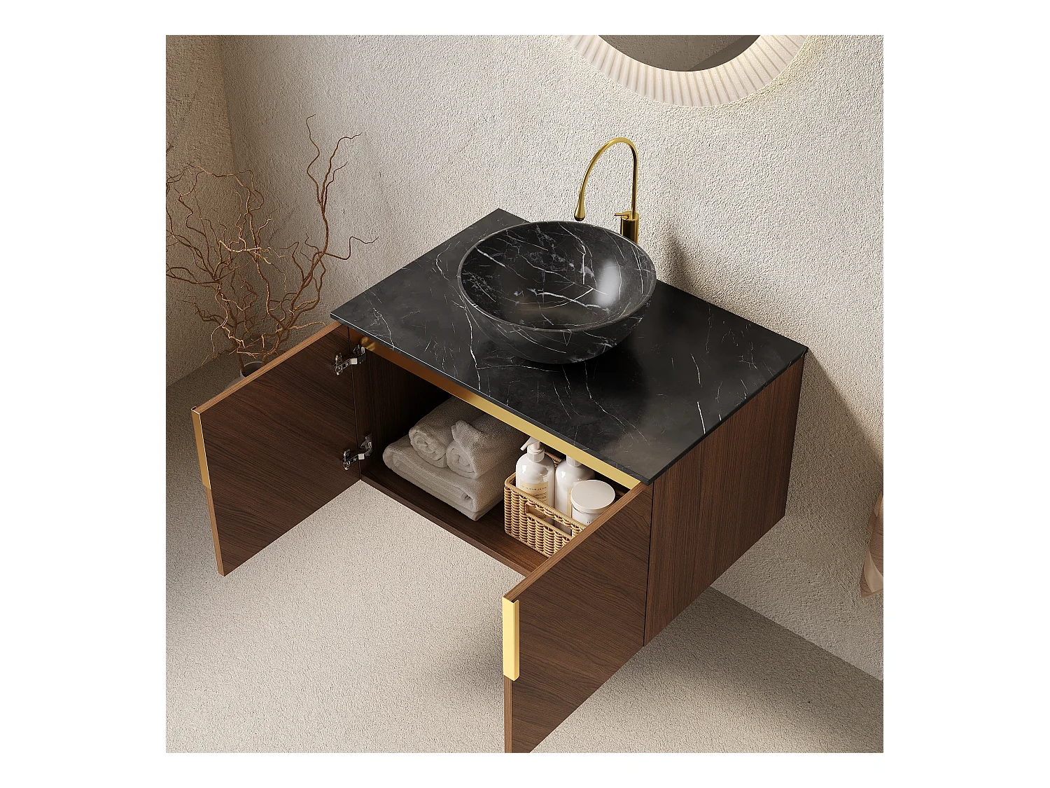 Mueble de baño suspendido con lavabo de cerámica negra y encimera de piedra sinterizada negra (76x50x55,1cm)