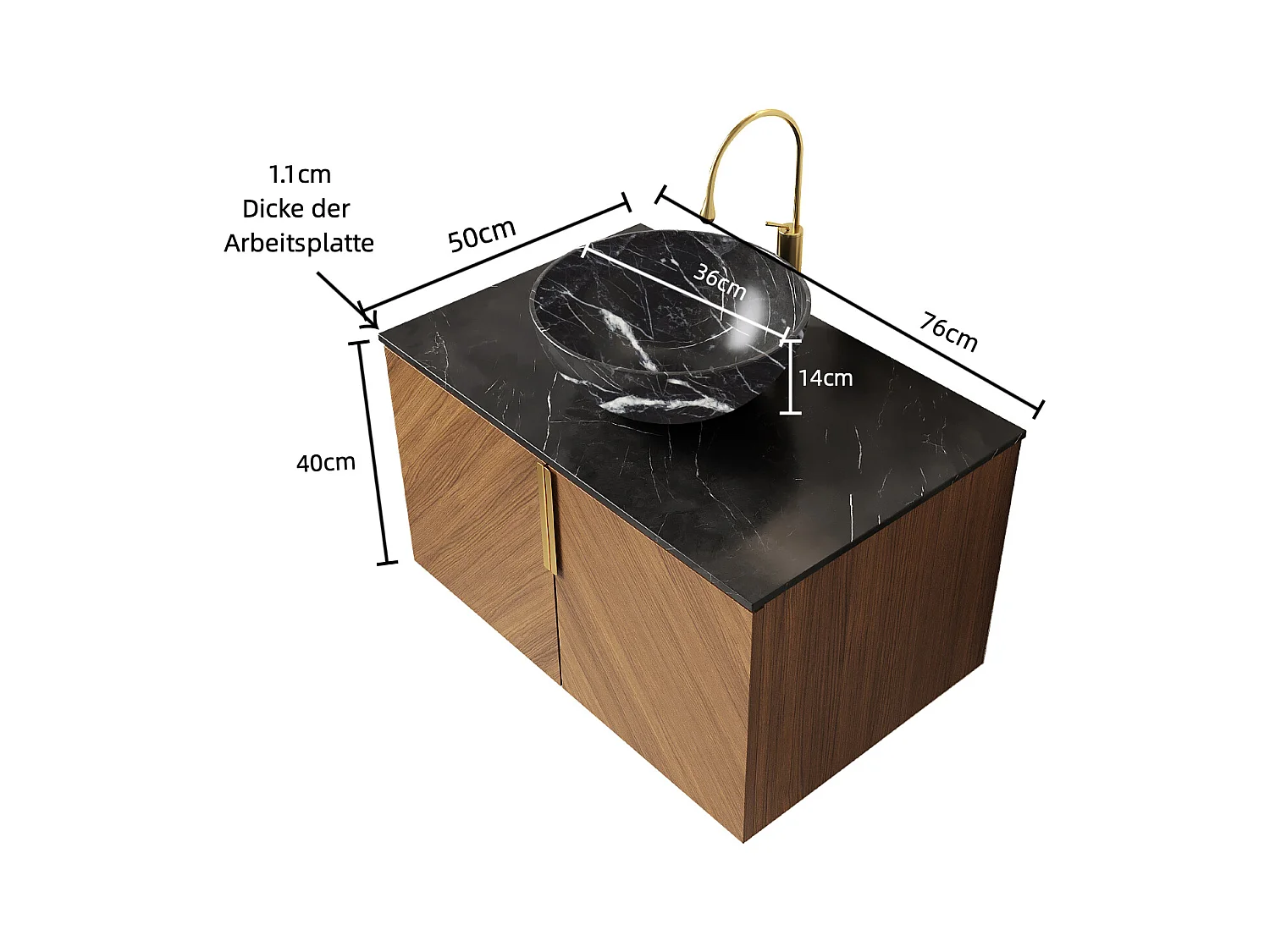 Mueble de baño suspendido con lavabo de cerámica negra y encimera de piedra sinterizada negra (76x50x55,1cm)