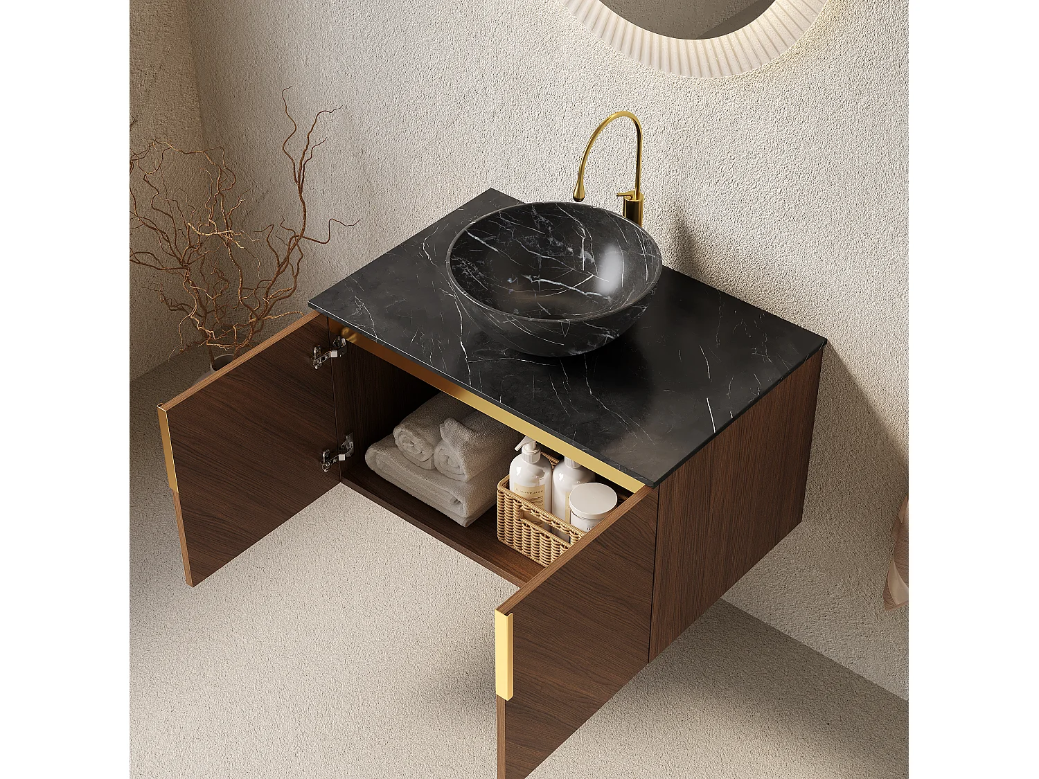 Meuble-lavabo mural salle de bain avec vasque noire en céramique, plan de travail en pierre sinterisée noire (76x50x55.1cm)