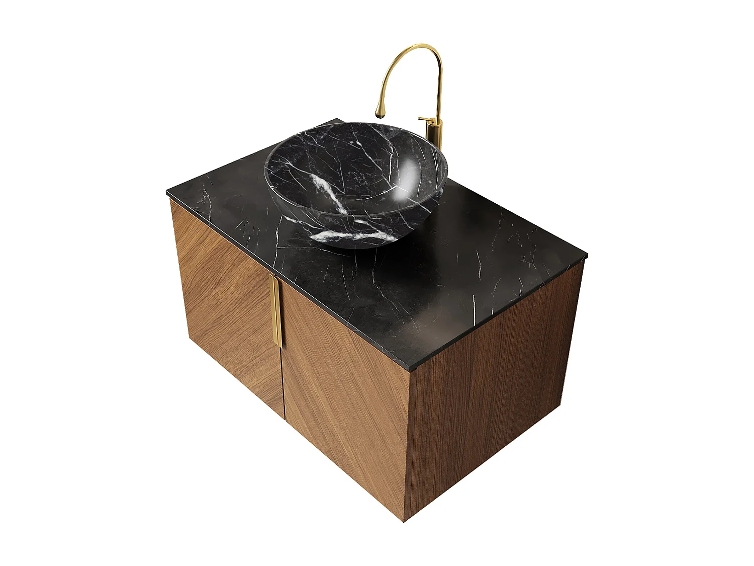 Meuble-lavabo mural salle de bain avec vasque noire en céramique, plan de travail en pierre sinterisée noire (76x50x55.1cm)