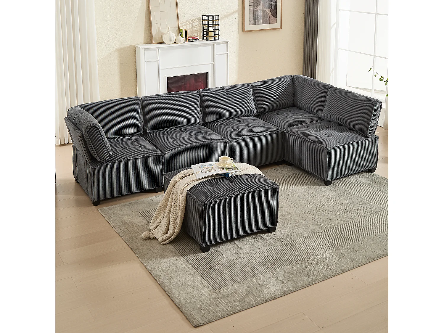 Modulaire 6-zitsbank, corduroy, ergonomisch, geïntegreerde opbergruimte, omvormbaar tot U/L/bed, houten en metalen constructie, grijs (308x154x82 cm)