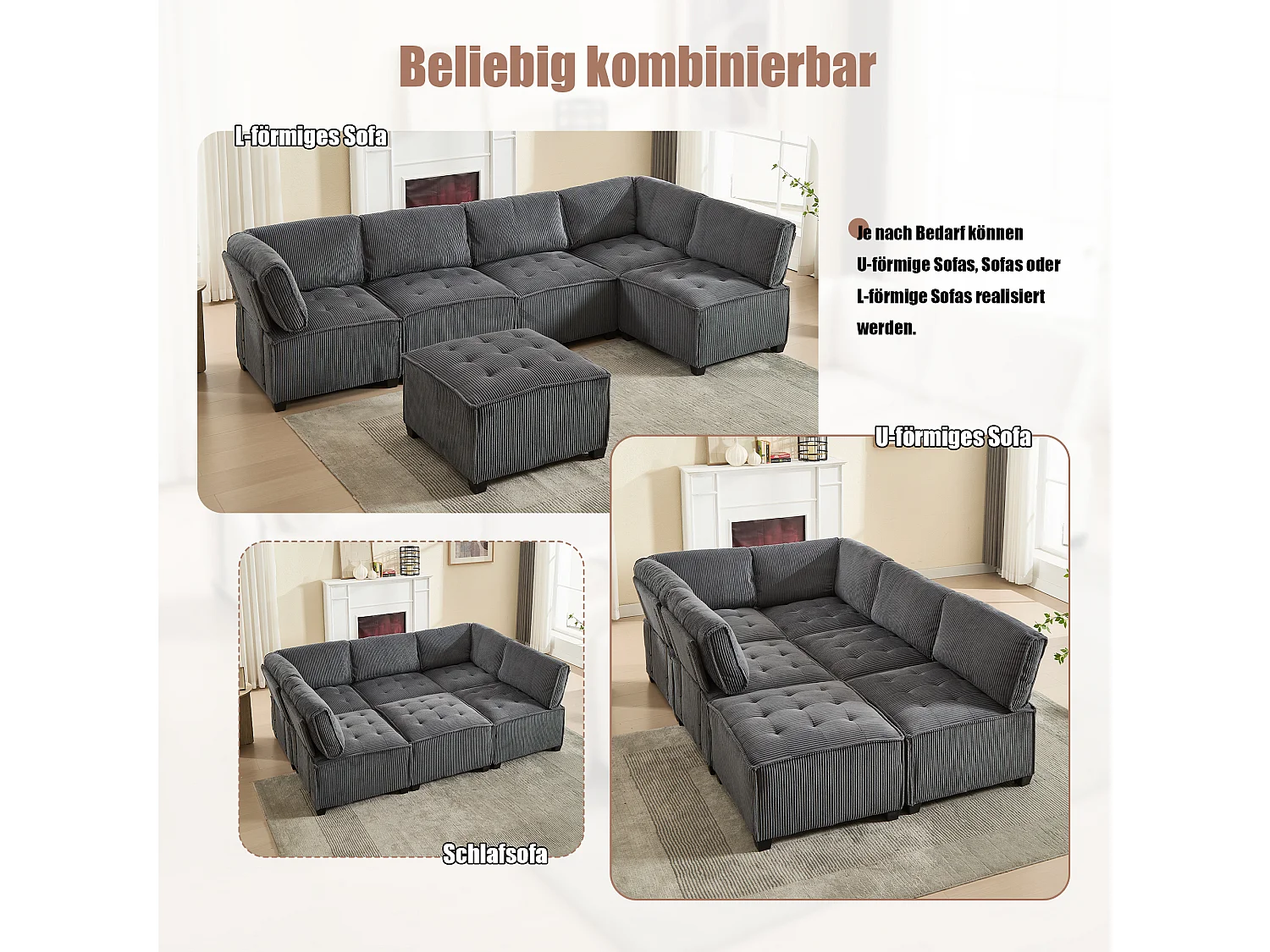 Modulaire 6-zitsbank, corduroy, ergonomisch, geïntegreerde opbergruimte, omvormbaar tot U/L/bed, houten en metalen constructie, grijs (308x154x82 cm)
