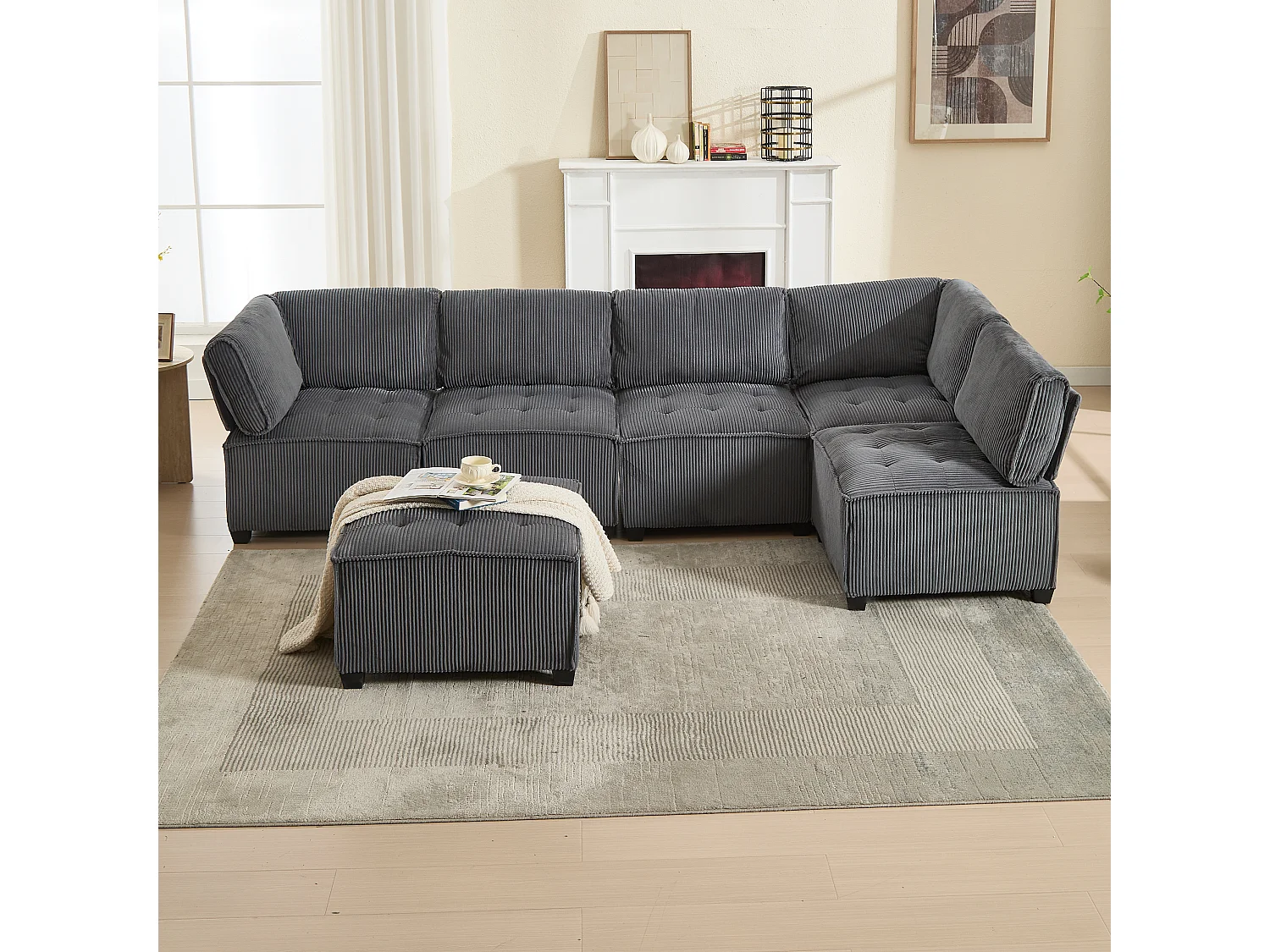 Modulaire 6-zitsbank, corduroy, ergonomisch, geïntegreerde opbergruimte, omvormbaar tot U/L/bed, houten en metalen constructie, grijs (308x154x82 cm)