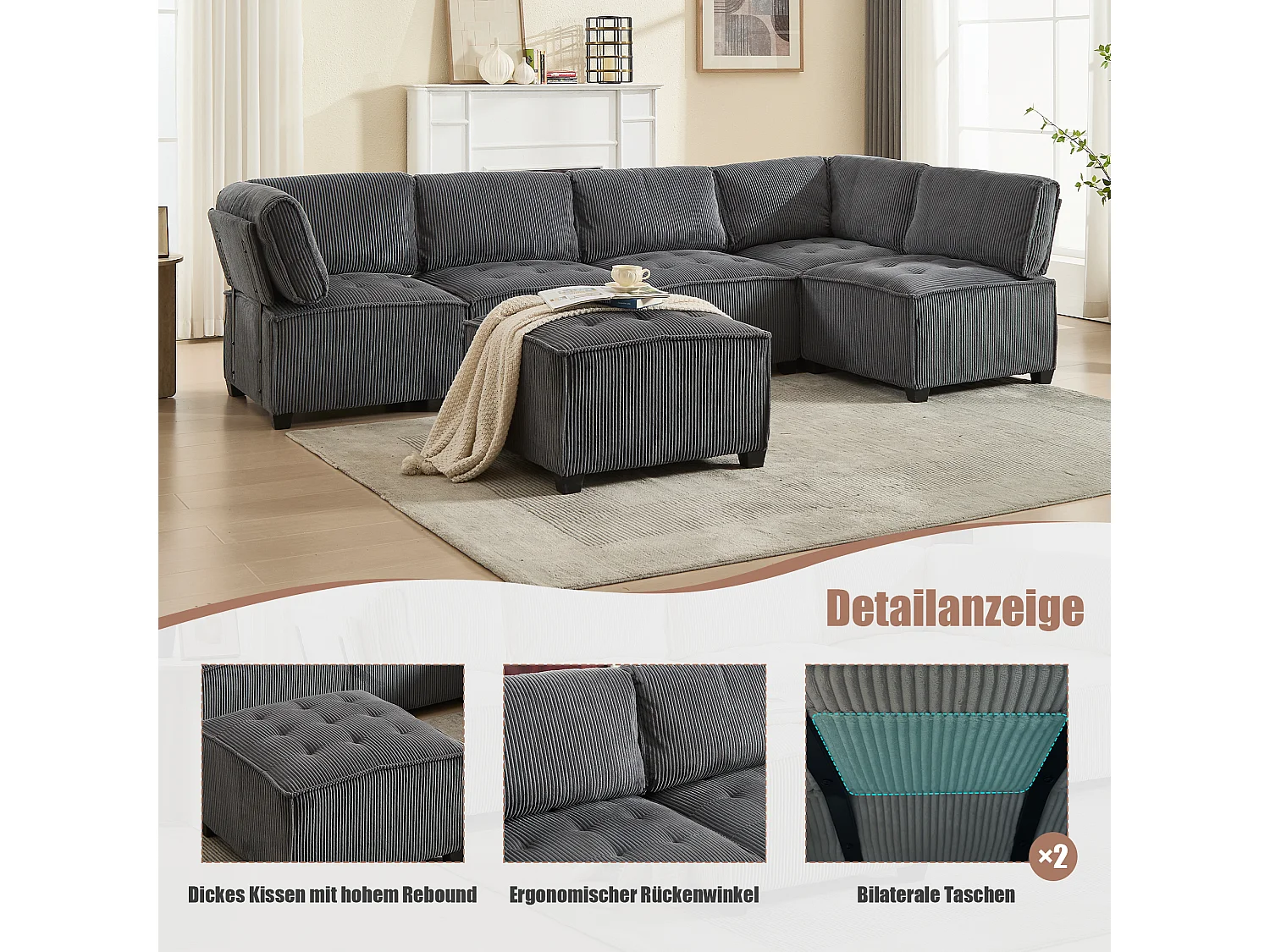 Modulaire 6-zitsbank, corduroy, ergonomisch, geïntegreerde opbergruimte, omvormbaar tot U/L/bed, houten en metalen constructie, grijs (308x154x82 cm)