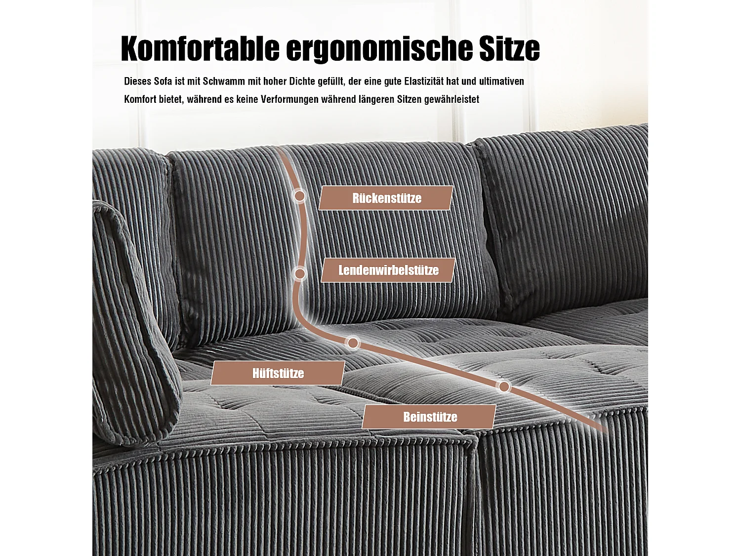 Modulaire 6-zitsbank, corduroy, ergonomisch, geïntegreerde opbergruimte, omvormbaar tot U/L/bed, houten en metalen constructie, grijs (308x154x82 cm)