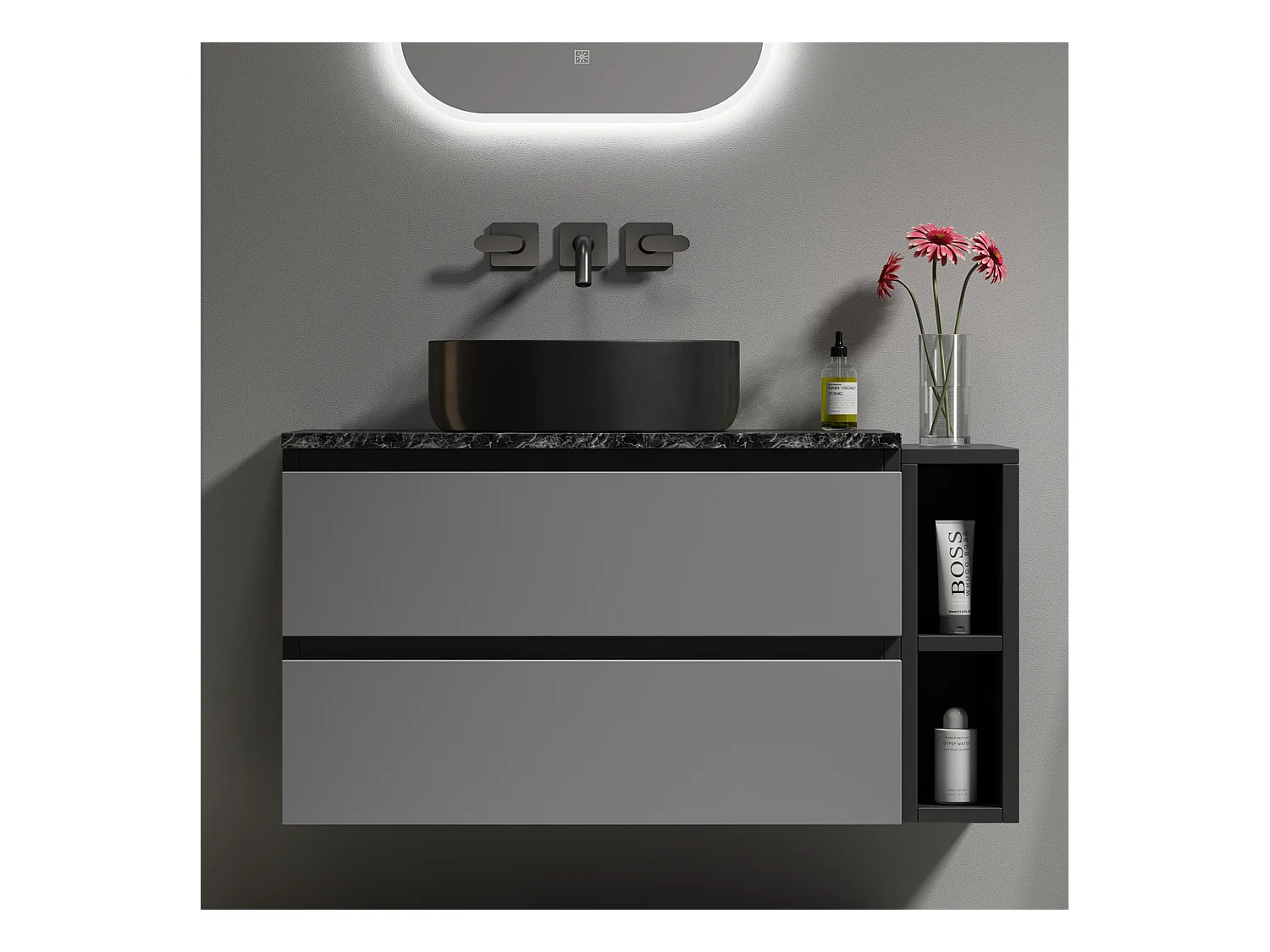 Meuble-lavabo suspendu moderne 80 cm, céramique, avec tiroirs, design noir-gris, MDF (80x44x48.5 cm)