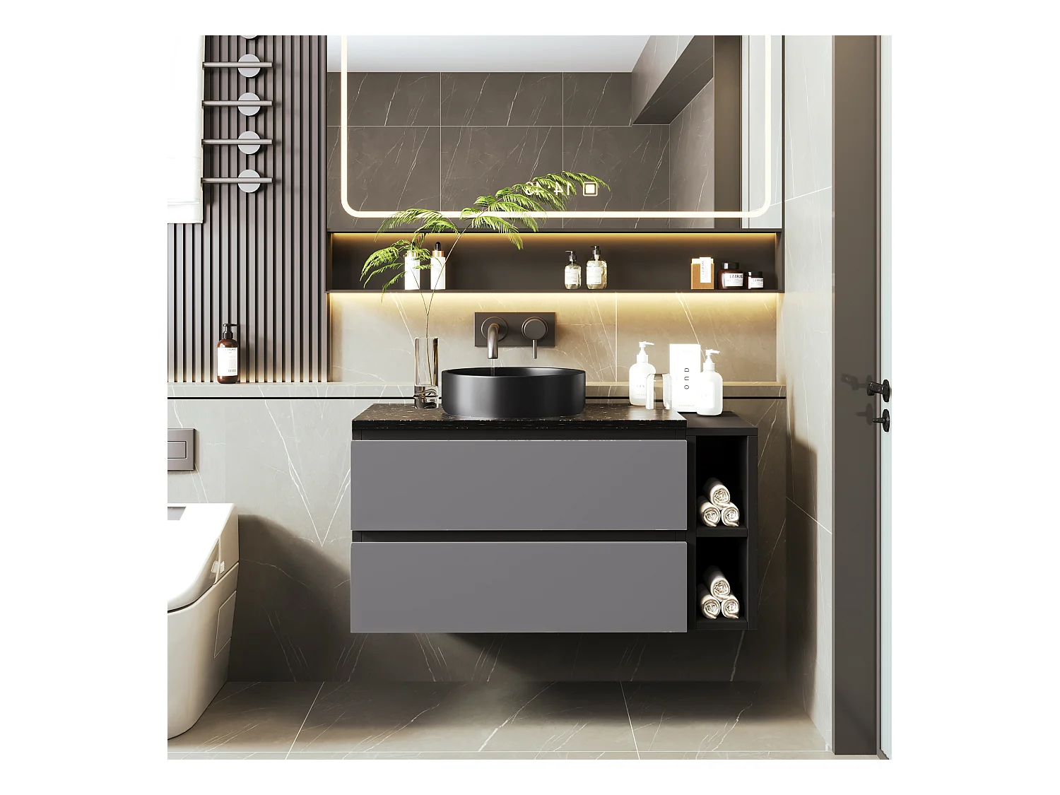 Meuble-lavabo suspendu moderne 80 cm, céramique, avec tiroirs, design noir-gris, MDF (80x44x48.5 cm)