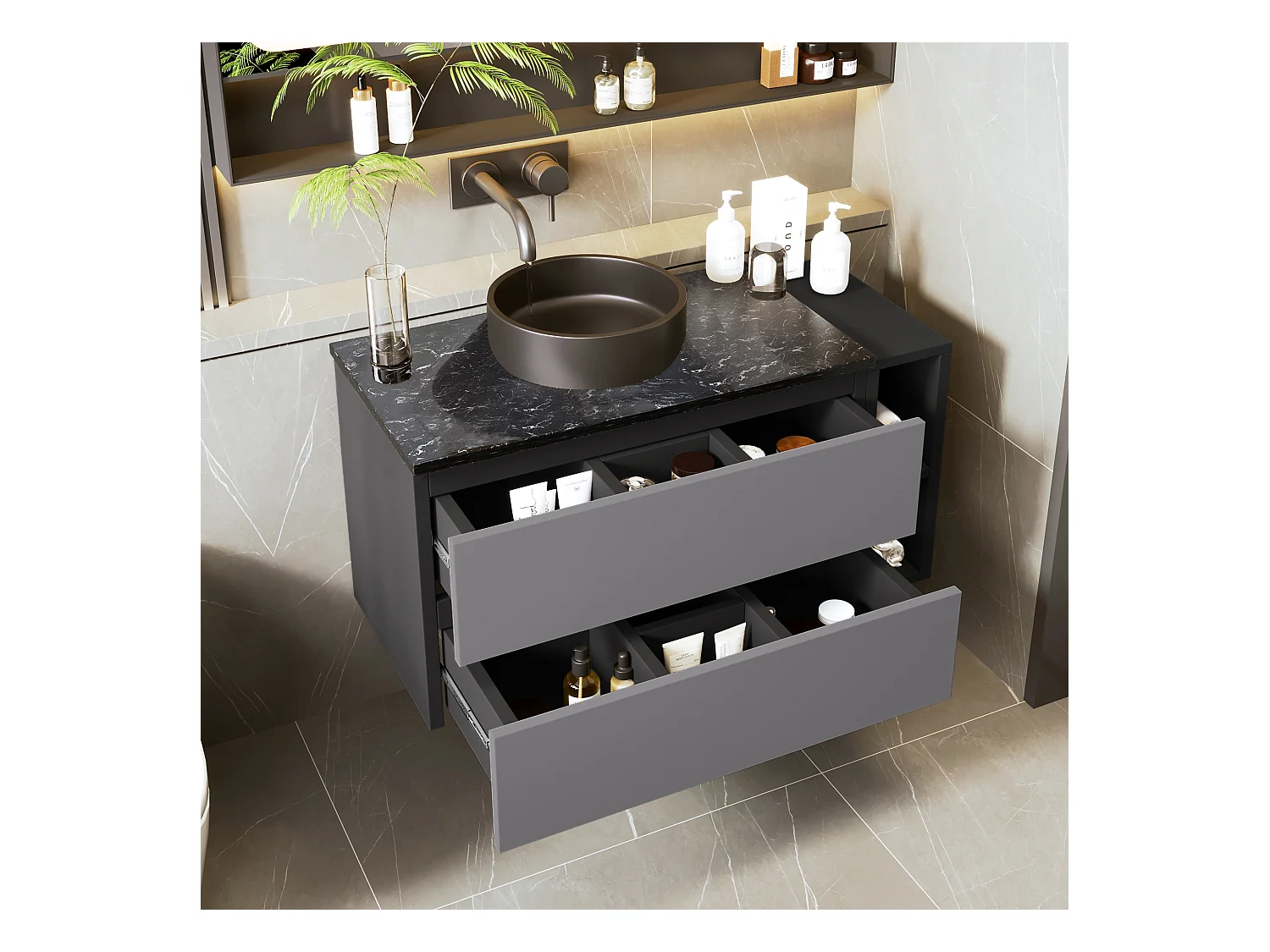 Meuble-lavabo suspendu moderne 80 cm, céramique, avec tiroirs, design noir-gris, MDF (80x44x48.5 cm)