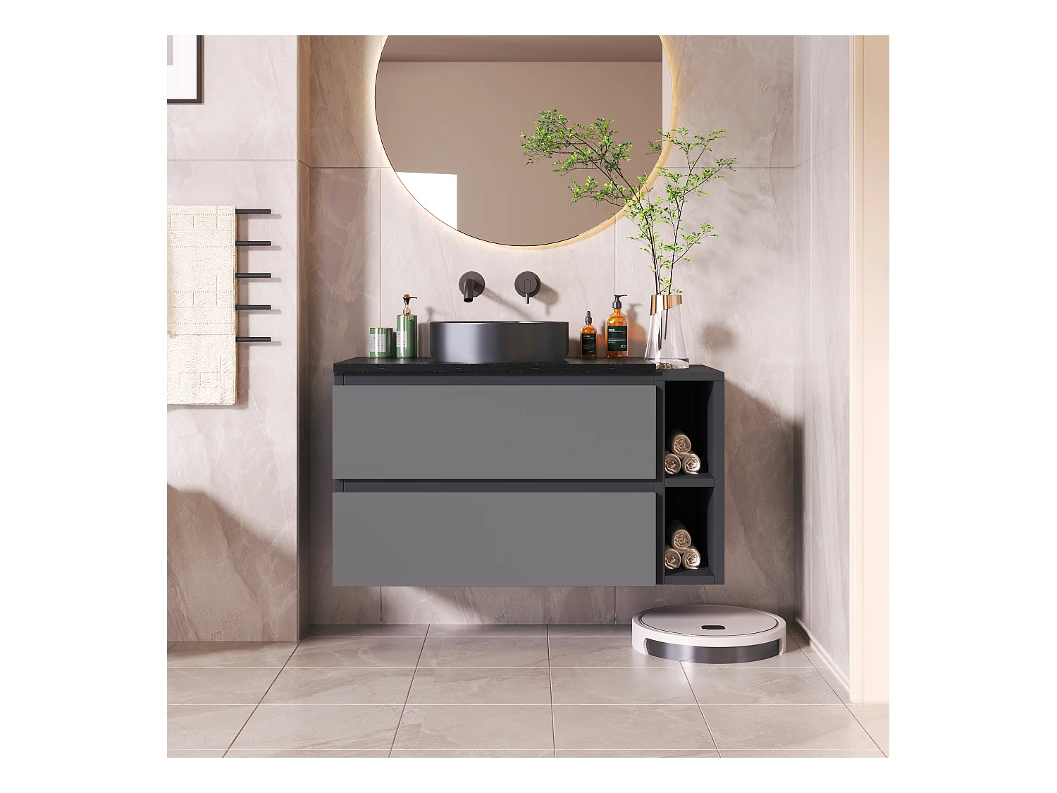 Meuble-lavabo suspendu moderne 80 cm, céramique, avec tiroirs, design noir-gris, MDF (80x44x48.5 cm)