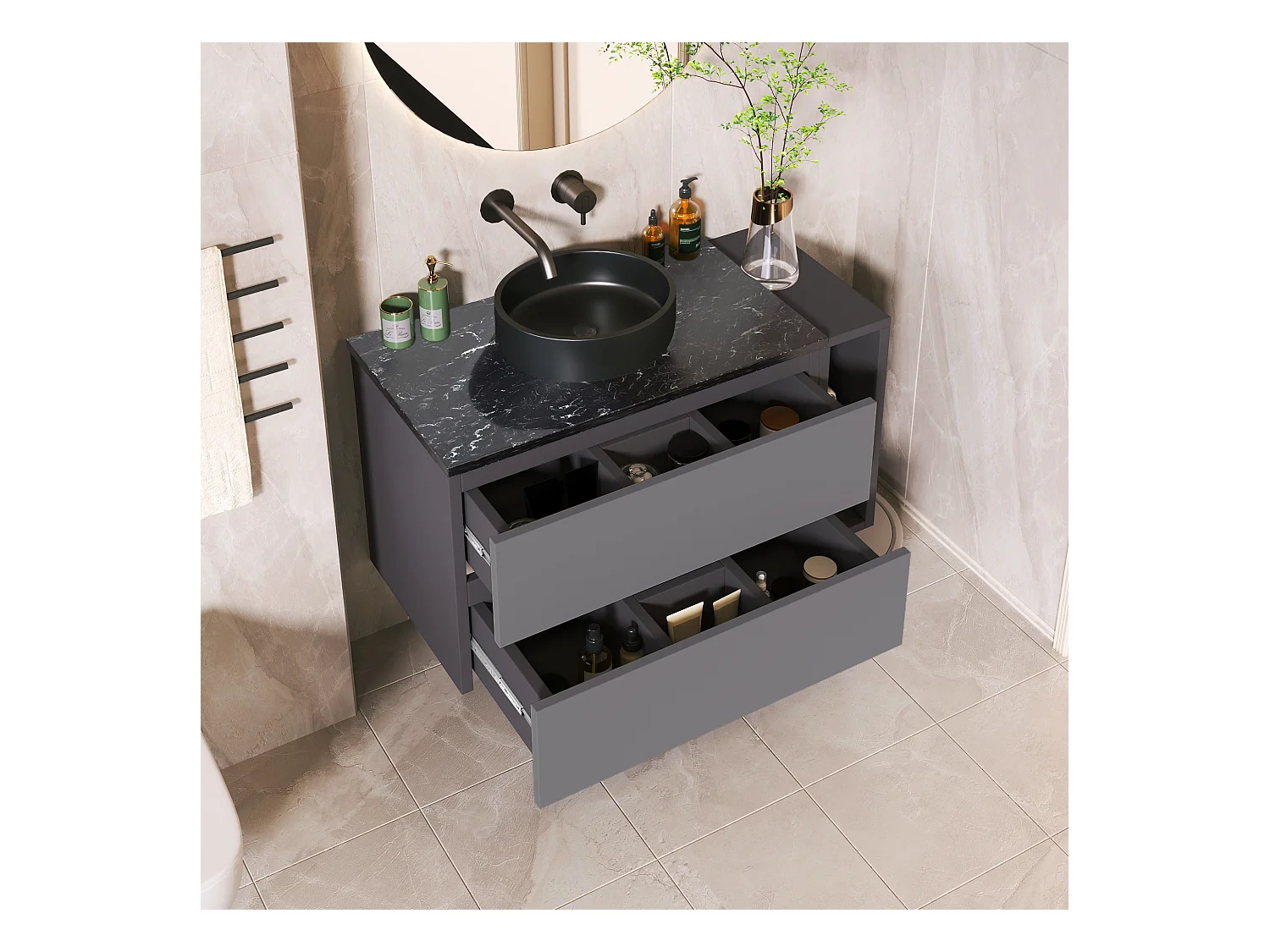 Meuble-lavabo suspendu moderne 80 cm, céramique, avec tiroirs, design noir-gris, MDF (80x44x48.5 cm)