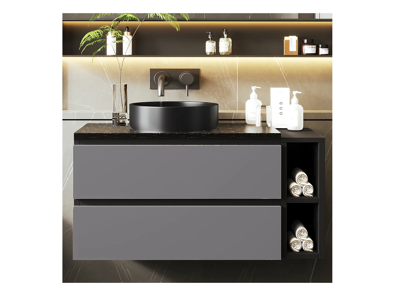 Meuble-lavabo suspendu moderne 80 cm, céramique, avec tiroirs, design noir-gris, MDF (80x44x48.5 cm)