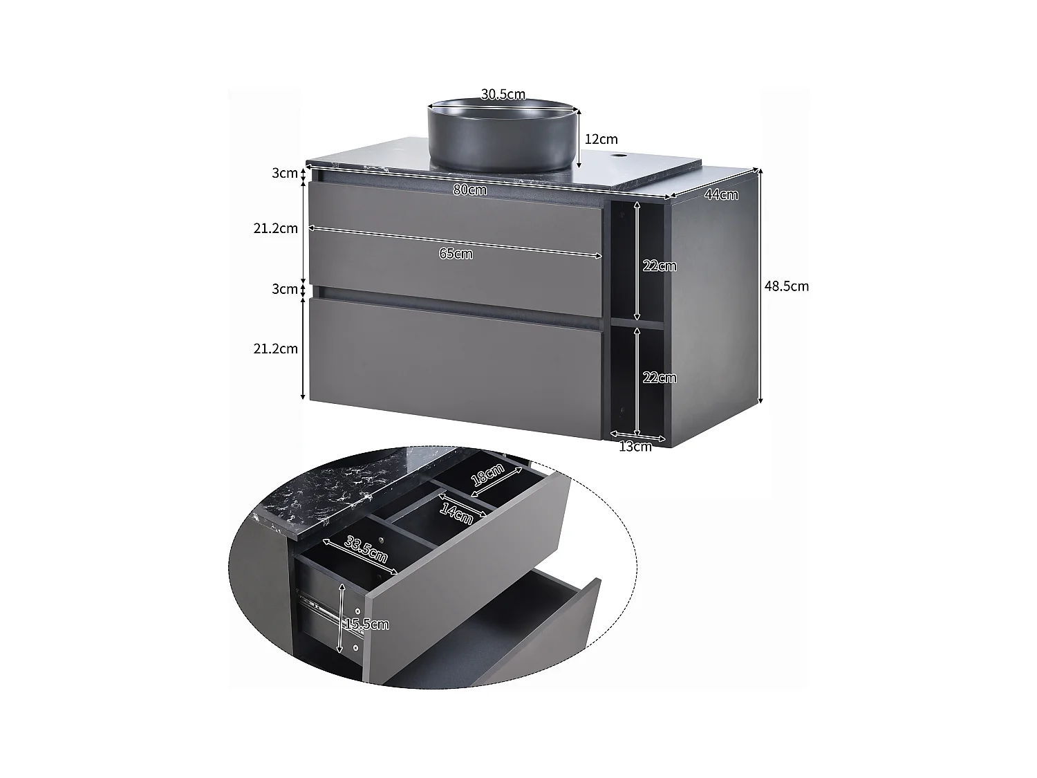 Meuble-lavabo suspendu moderne 80 cm, céramique, avec tiroirs, design noir-gris, MDF (80x44x48.5 cm)