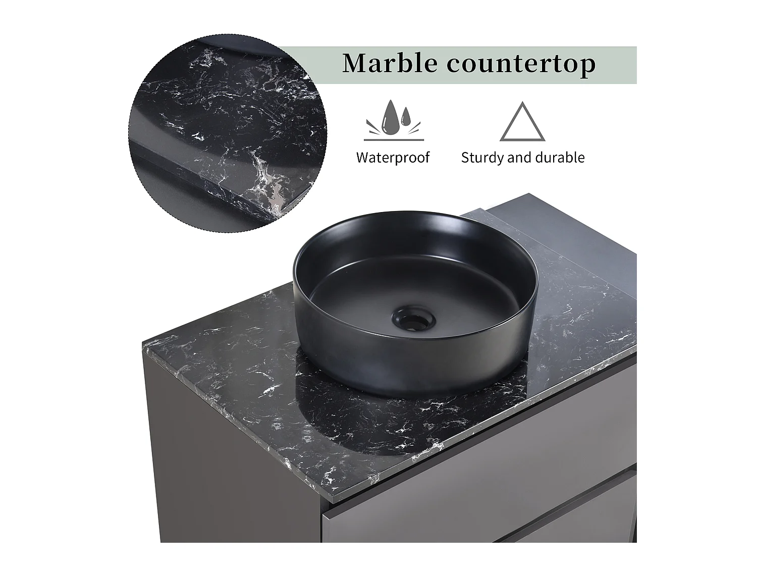 Meuble-lavabo suspendu moderne 80 cm, céramique, avec tiroirs, design noir-gris, MDF (80x44x48.5 cm)
