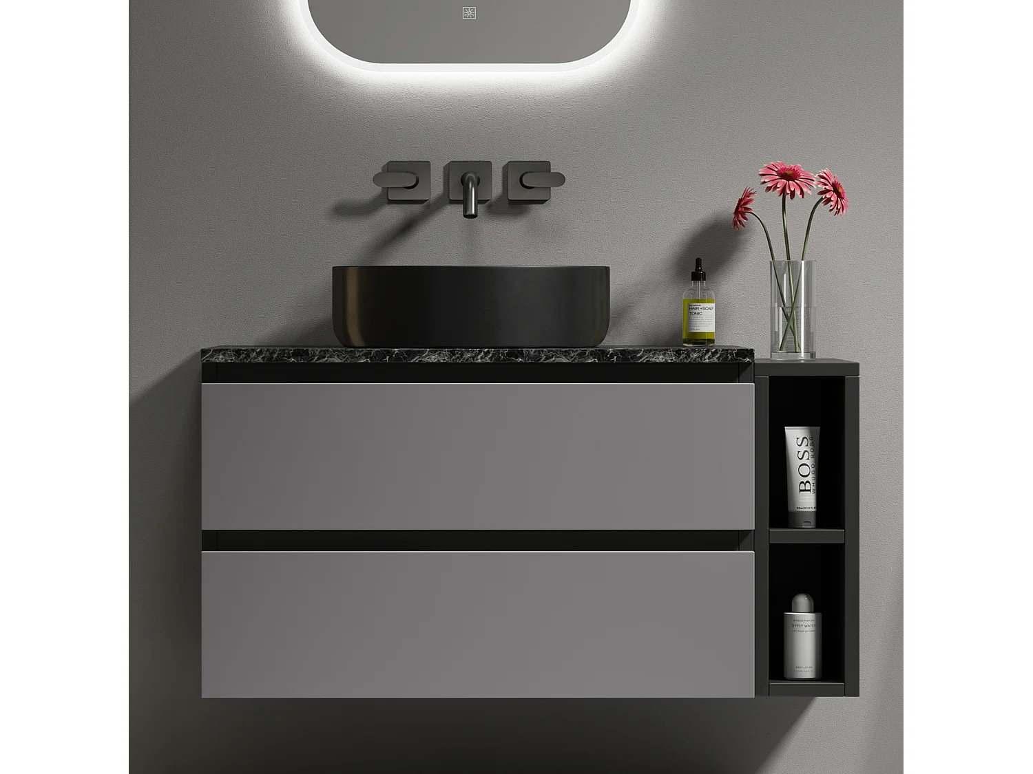 Mobile lavabo moderno sospeso 80 cm, in ceramica, con cassetti, design grigio-nero, MDF (80x44x48,5 cm)