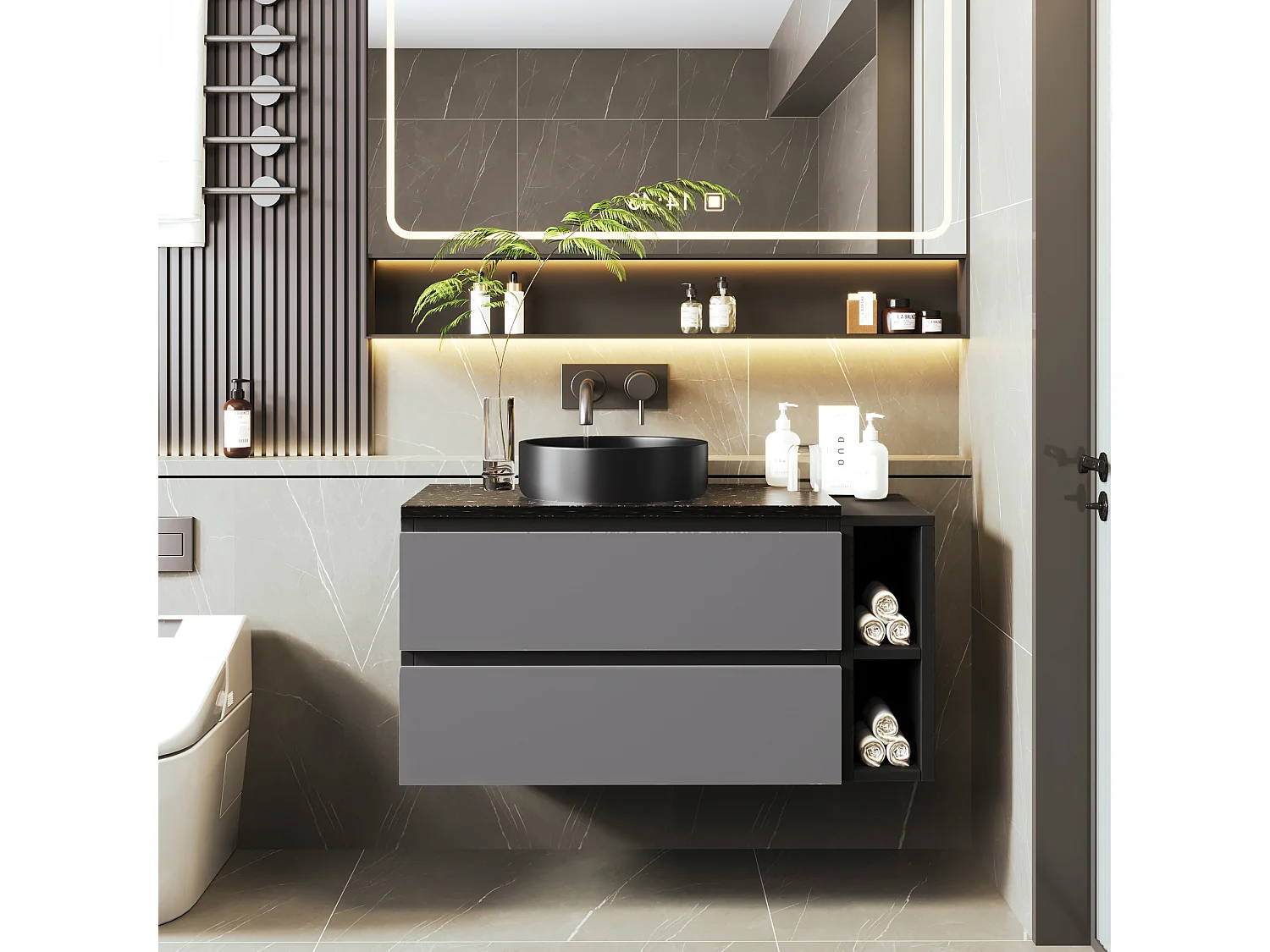 Mobile lavabo moderno sospeso 80 cm, in ceramica, con cassetti, design grigio-nero, MDF (80x44x48,5 cm)