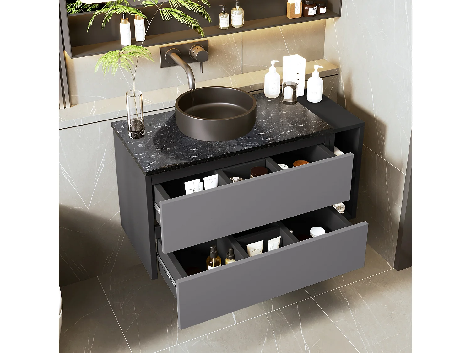 Mobile lavabo moderno sospeso 80 cm, in ceramica, con cassetti, design grigio-nero, MDF (80x44x48,5 cm)