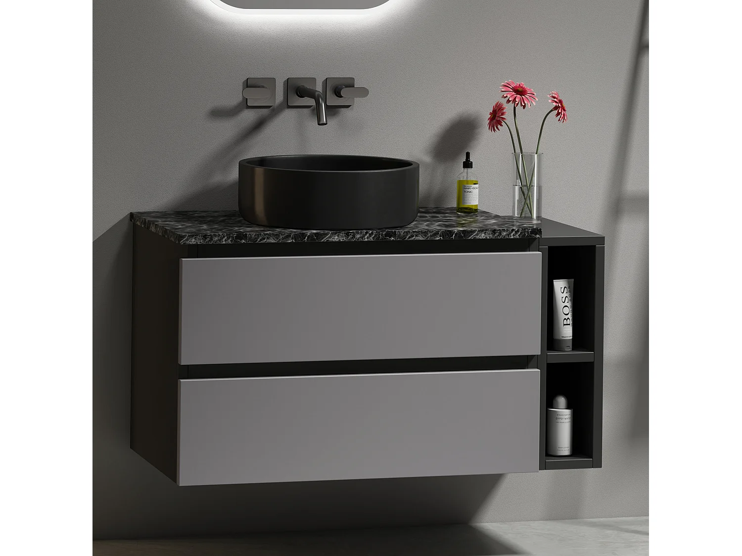 Mobile lavabo moderno sospeso 80 cm, in ceramica, con cassetti, design grigio-nero, MDF (80x44x48,5 cm)