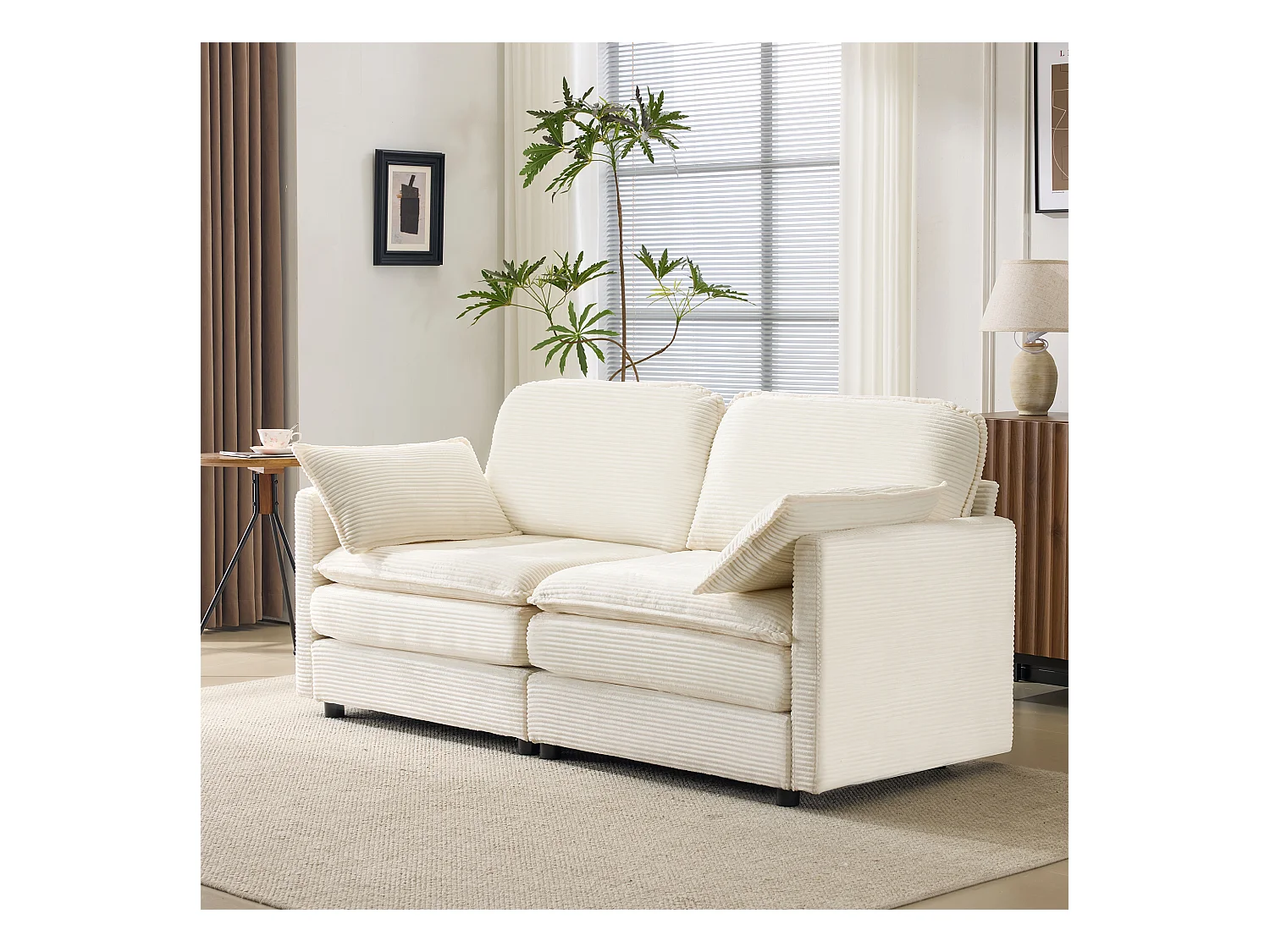 Canapé 2 places moderne et minimaliste, confortable et spacieux, tissu et bois, blanc (167.5x75x85cm)