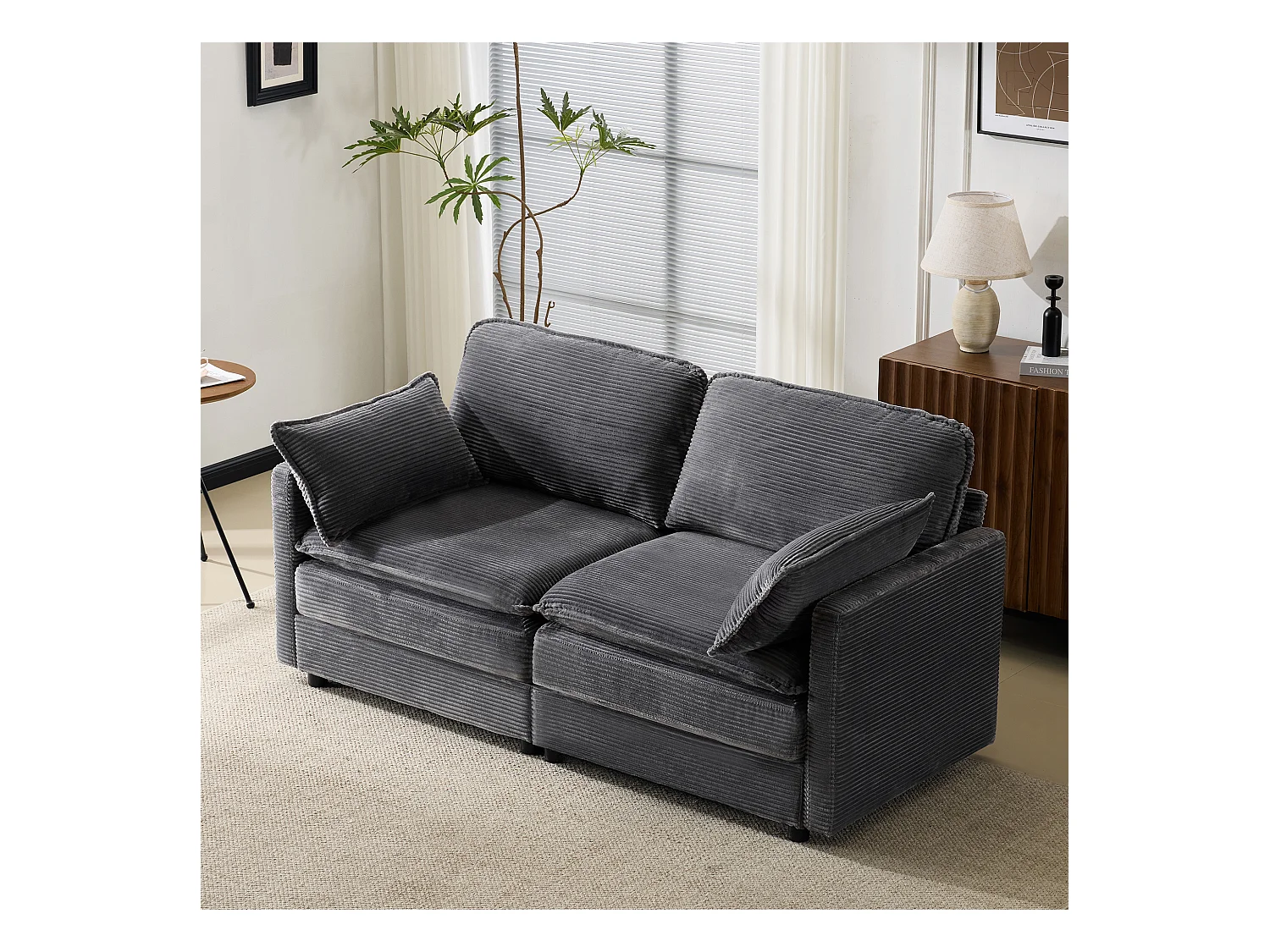 Canapé 2 places moderne et minimaliste, confortable et spacieux, bois et tissu, gris (167.5x75x85 cm)