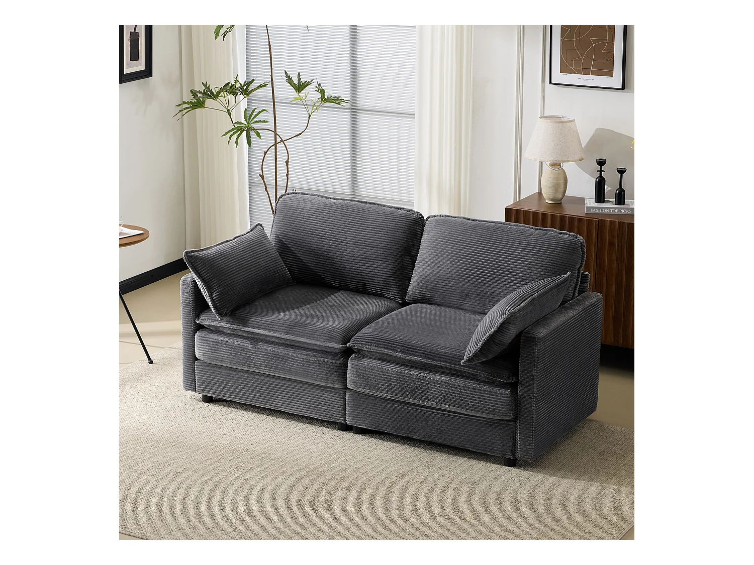 Canapé 2 places moderne et minimaliste, confortable et spacieux, bois et tissu, gris (167.5x75x85 cm)