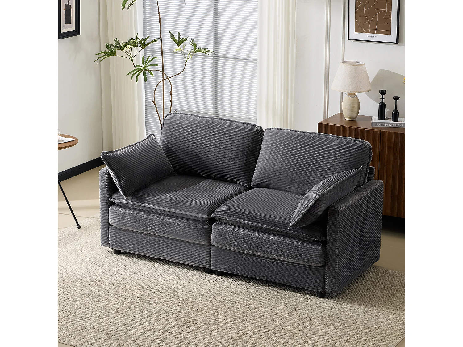 Canapé 2 places moderne et minimaliste, confortable et spacieux, bois et tissu, gris (167.5x75x85 cm)