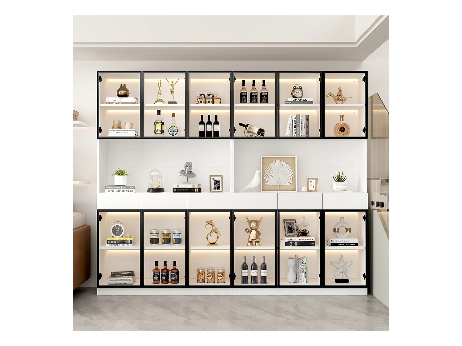 Vitrine blanche avec éclairage LED, design moderne, panneau de particules, blanc et noir, 6 tiroirs et portes en verre (36x240x200cm)