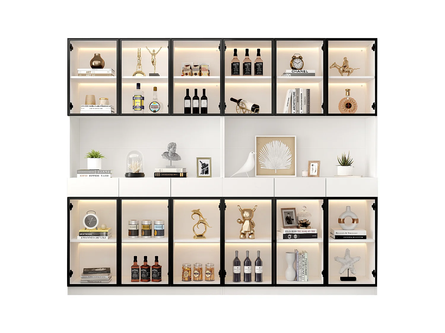 Vitrine blanche avec éclairage LED, design moderne, panneau de particules, blanc et noir, 6 tiroirs et portes en verre (36x240x200cm)