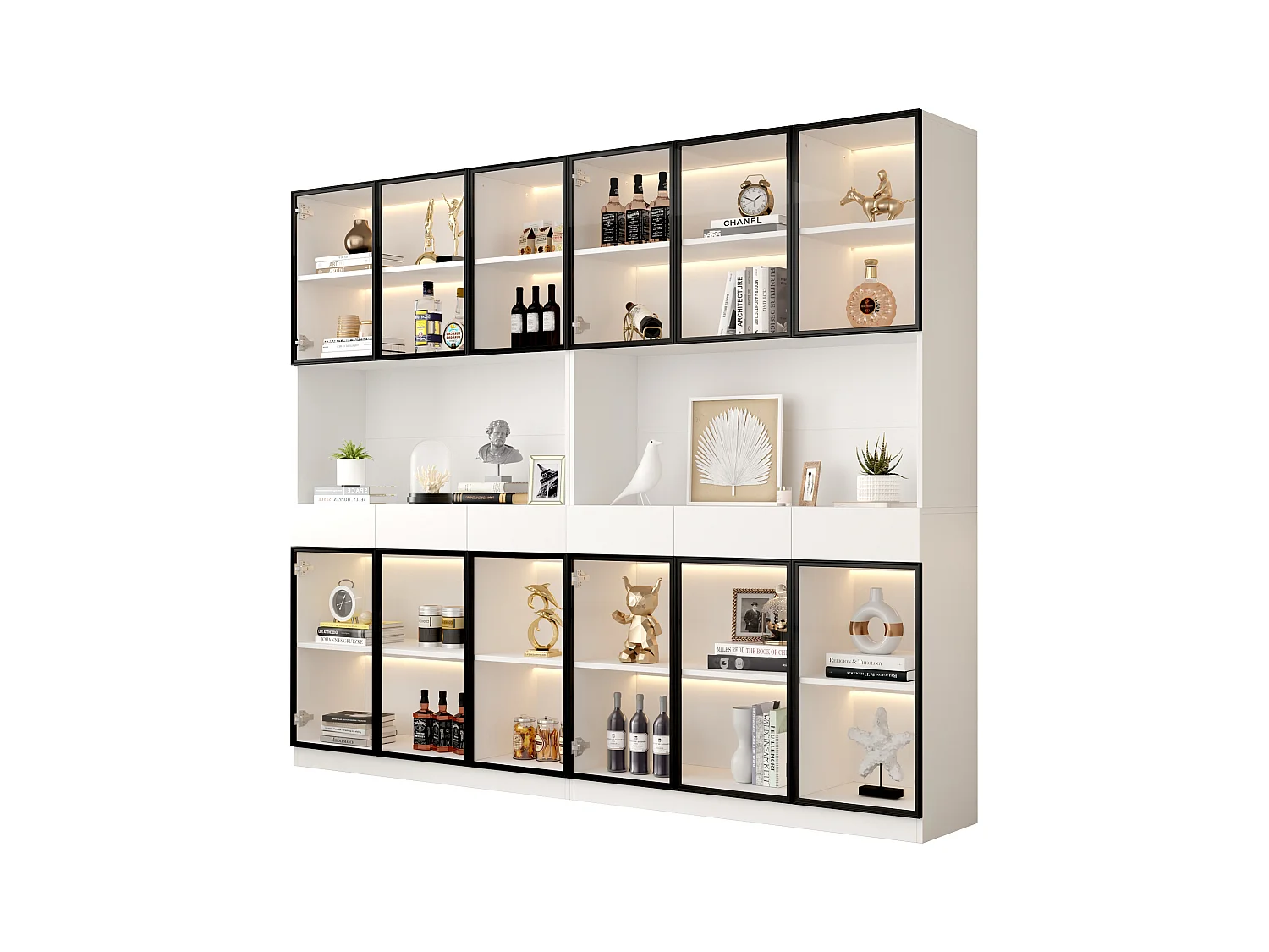 Vitrine blanche avec éclairage LED, design moderne, panneau de particules, blanc et noir, 6 tiroirs et portes en verre (36x240x200cm)