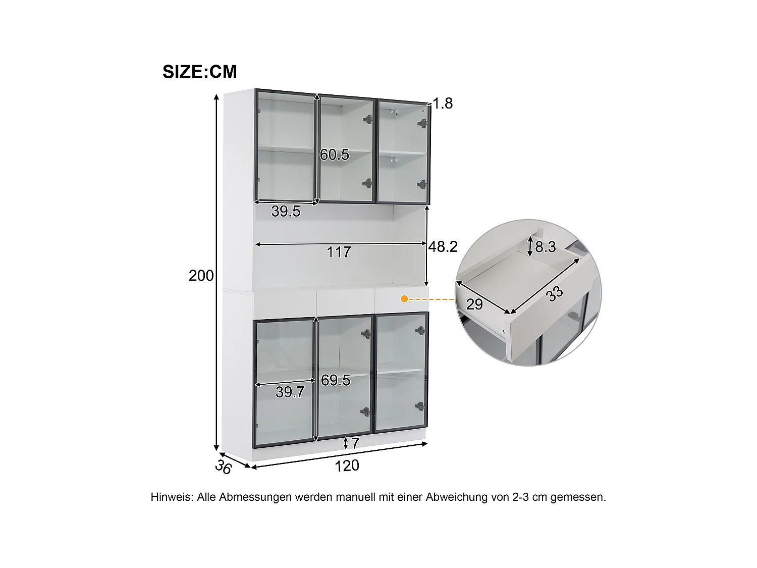 Vitrine blanche avec éclairage LED, design moderne, panneau de particules, blanc et noir, 6 tiroirs et portes en verre (36x240x200cm)