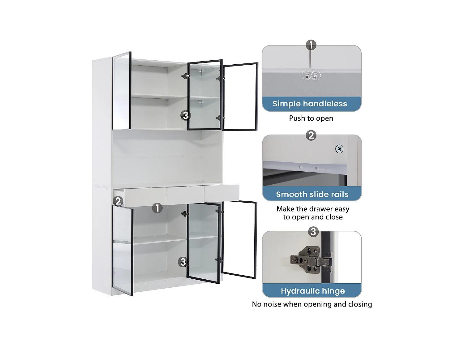 Vitrine blanche avec éclairage LED, design moderne, panneau de particules, blanc et noir, 6 tiroirs et portes en verre (36x240x200cm)