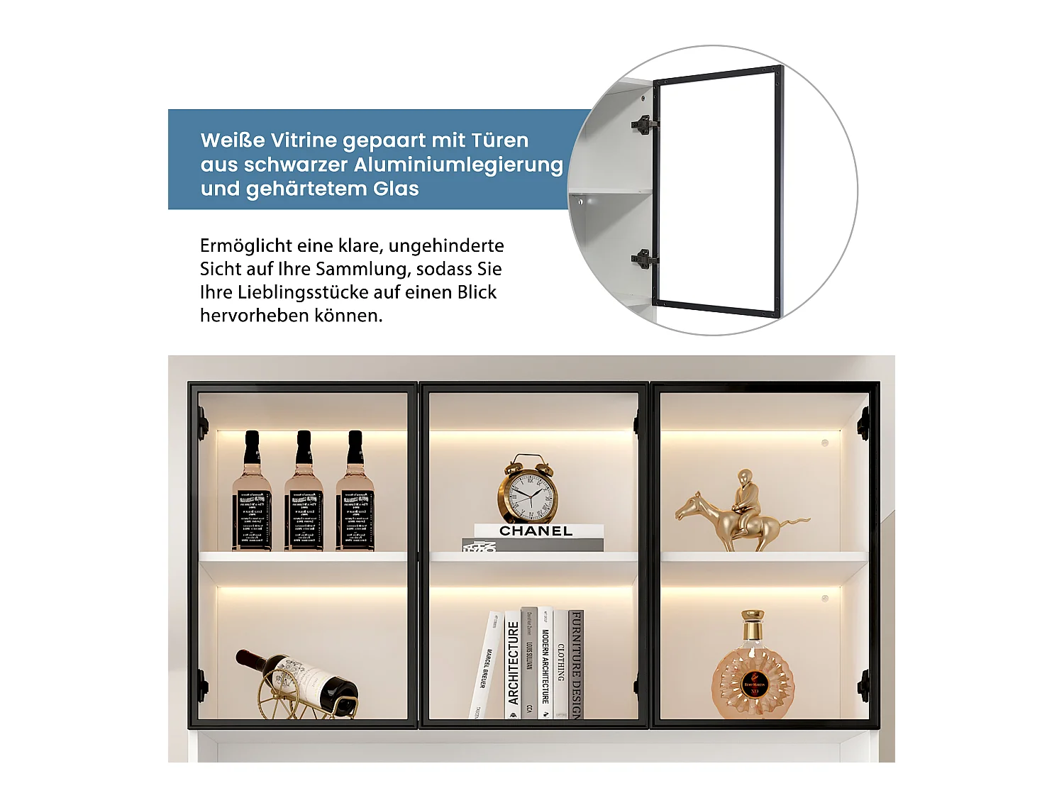 Vitrine blanche avec éclairage LED, design moderne, panneau de particules, blanc et noir, 6 tiroirs et portes en verre (36x240x200cm)