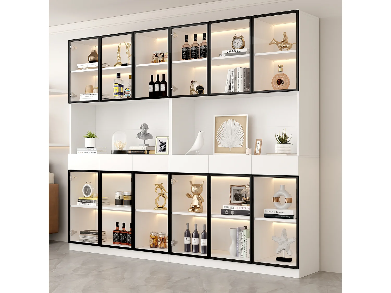 Vitrine blanche avec éclairage LED, design moderne, panneau de particules, blanc et noir, 6 tiroirs et portes en verre (36x240x200cm)