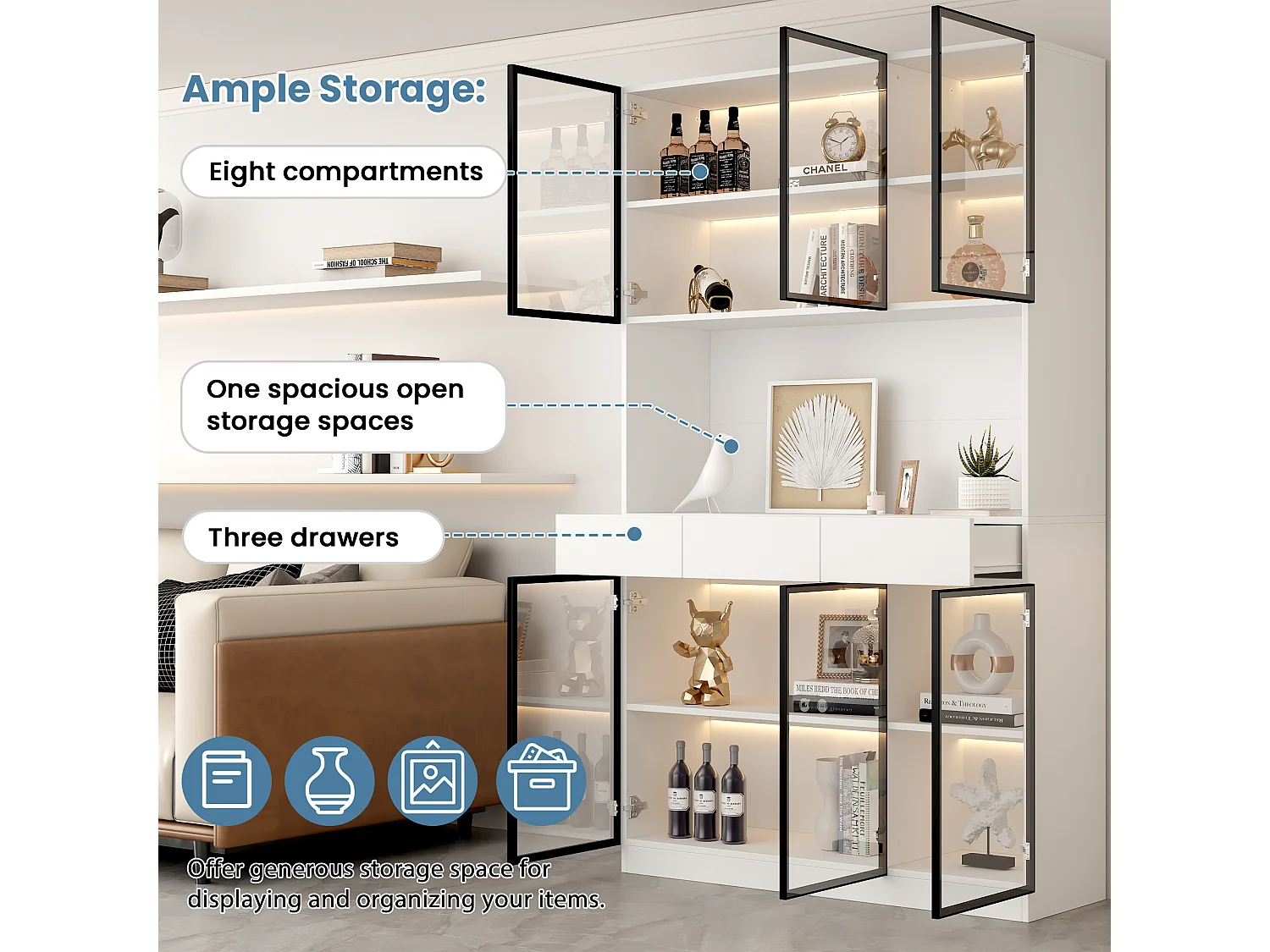 Vitrine blanche avec éclairage LED, design moderne, panneau de particules, blanc et noir, 6 tiroirs et portes en verre (36x240x200cm)