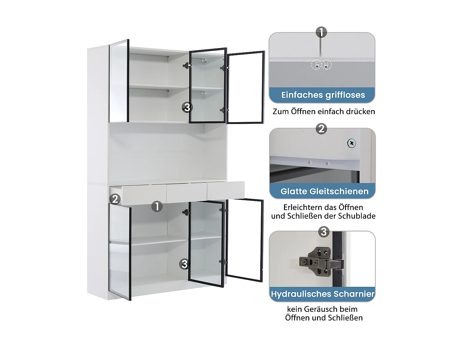 Vitrine blanche avec éclairage LED, design moderne, panneau de particules, blanc et noir, 6 tiroirs et portes en verre (36x240x200cm)