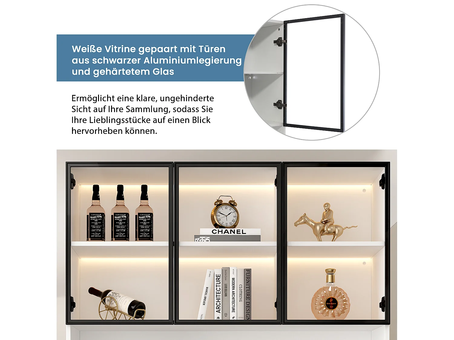 Vitrine blanche avec éclairage LED, design moderne, panneau de particules, blanc et noir, 6 tiroirs et portes en verre (36x240x200cm)