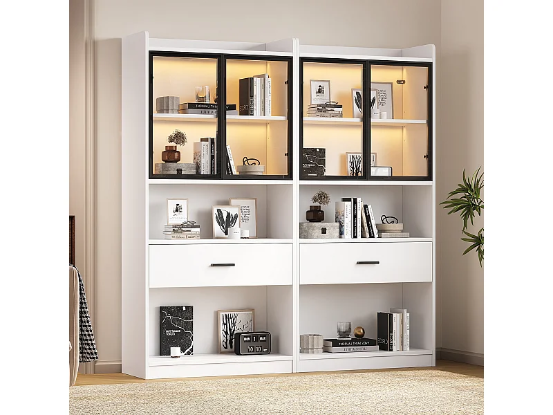 Vitrina de colección iluminada, puertas de cristal abatibles, 1 cajón, LED de 16 colores, tablero de partículas blanco/negro (160x35,2x153,5cm)