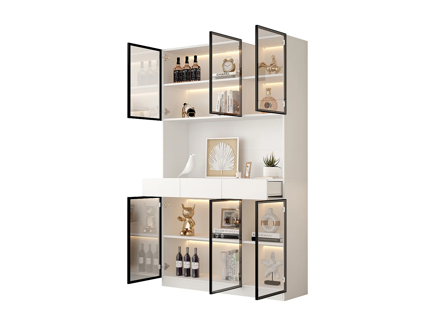 Vitrine blanche avec portes en verre et éclairage LED, design moderne, panneau de particules, blanc et noir (120x36x200cm)