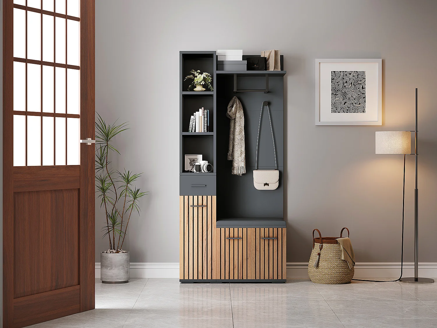 Armoire d'entrée multifonction 7-en-1 avec 2 placards, banc à chaussures et porte-manteaux, panneau de particules, noir + bois (80x35x175cm)