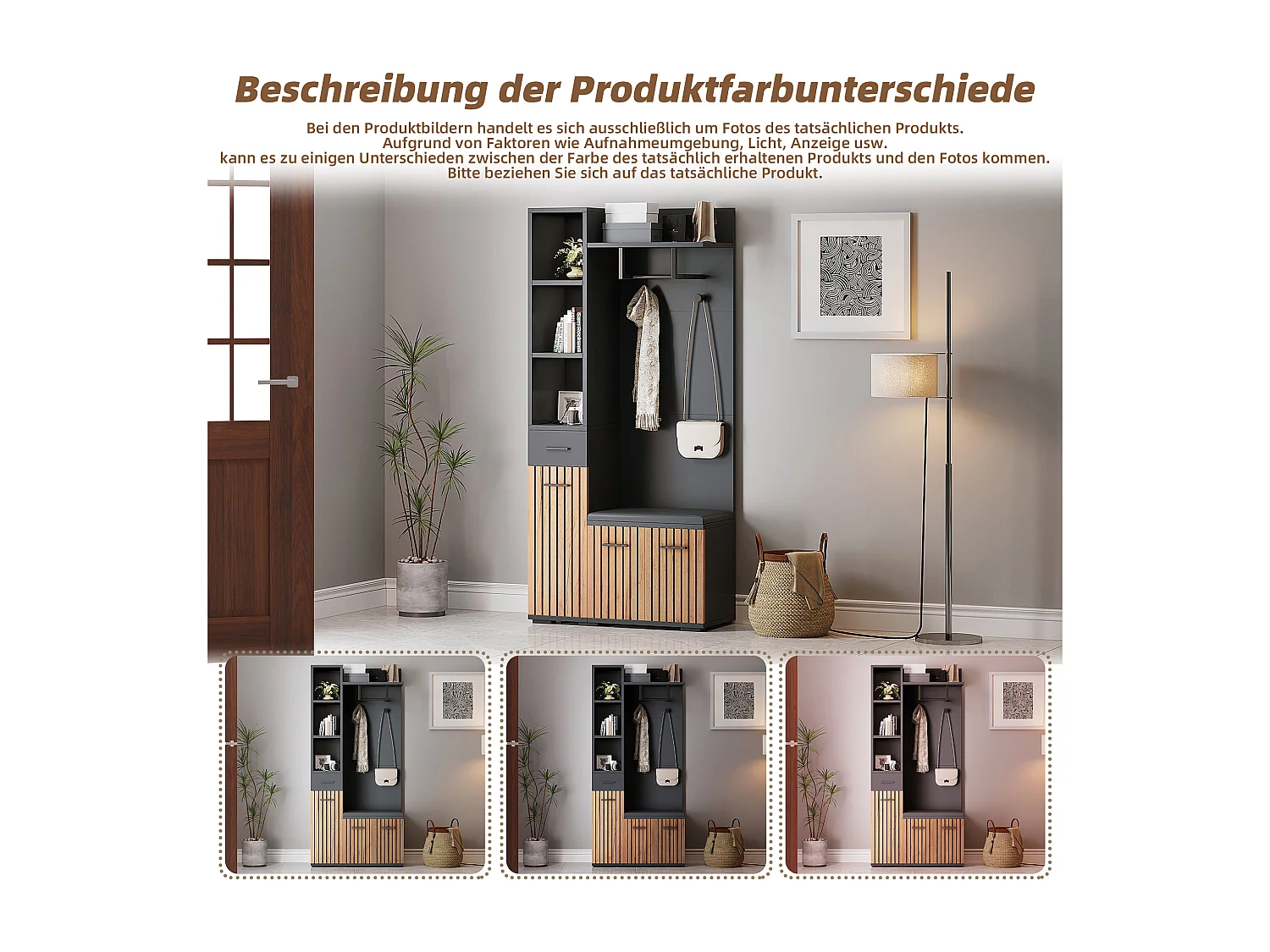 Armoire d'entrée multifonction 7-en-1 avec 2 placards, banc à chaussures et porte-manteaux, panneau de particules, noir + bois (80x35x175cm)