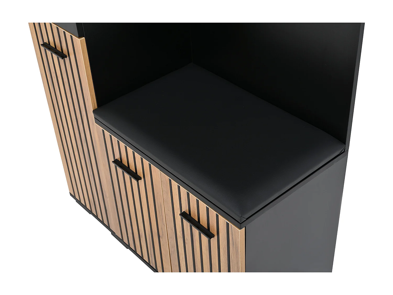 Armoire d'entrée multifonction 7-en-1 avec 2 placards, banc à chaussures et porte-manteaux, panneau de particules, noir + bois (80x35x175cm)