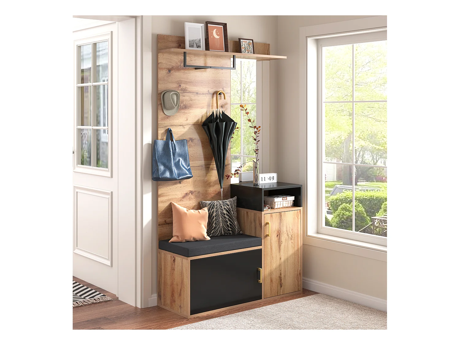 Entreeset met kapstok, spiegel, bank en opbergruimte, MDF en spaanplaat, zwart (105x40x191,5cm)