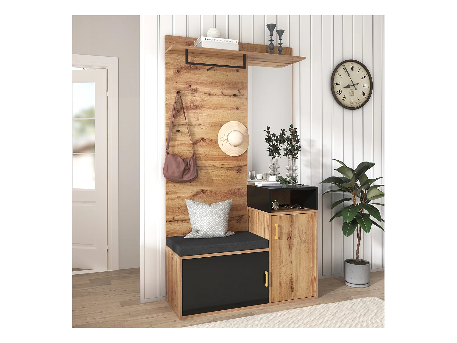 Entreeset met kapstok, spiegel, bank en opbergruimte, MDF en spaanplaat, zwart (105x40x191,5cm)